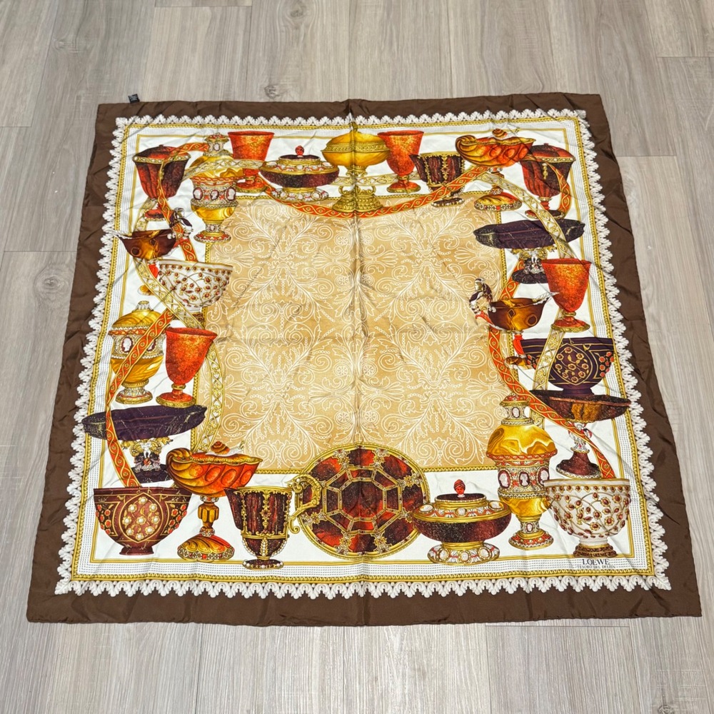 LOEWE Tesoro del Delfin Silk Scarf 34x33.5 Gold Goblet Print Vintage Spain